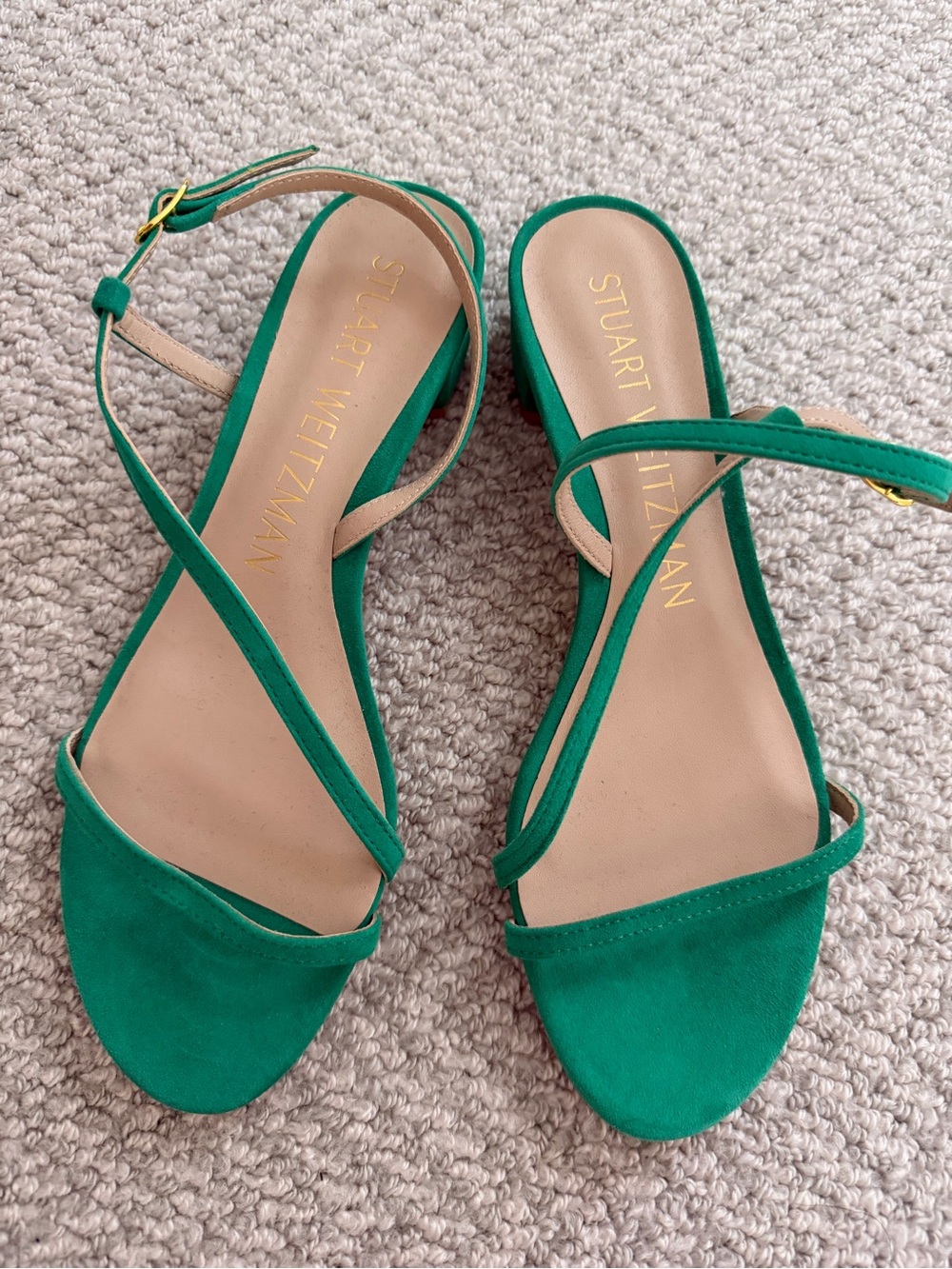 Stuart Weitzman Emerald Green Suede Ankle-Strap Block Heel Sandals - Picture 2 of 4